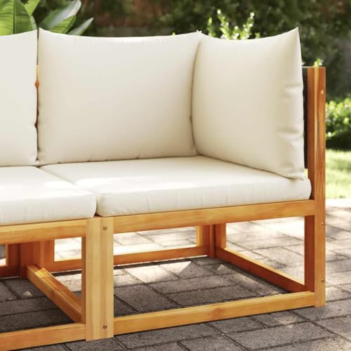 Holamys Gartensofa-Ecke mit Kissen, Akazienholz & Rattan, 65x65x65cm, Robustes Outdoor-Möbelset für Terrasse, Garten, Balkon, Cremefarbene Polster