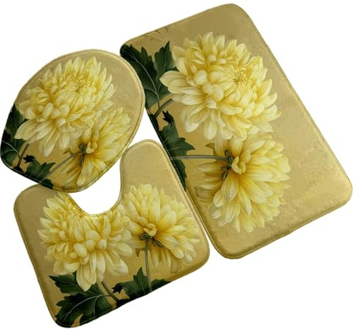 Badezimmerteppich Set 3 Teilig Retro Gelbe Blume WC Teppich Schnell Trocknend Badvorleger rutschfest Badgarnitur 3 Teilig Stand WC Waschbar Bad Teppiche Set Dekoration 50x80 cm