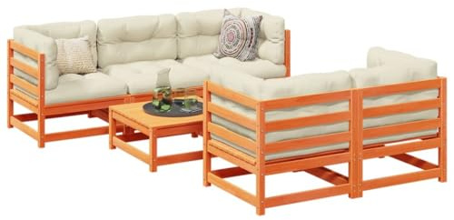 Ensemble de salon de jardin 6 pièces avec coussins, meubles de terrasse modulaires en pin massif marron cireux, coussins épais pour plus de confort