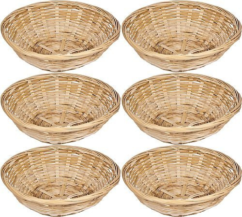Set Of 6 Vintage Round Natural Bamboo Wicker Bread Basket Storage Hamper Trays