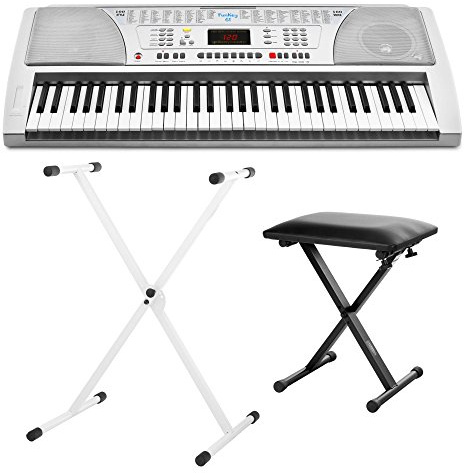 Funkey 61 tangentbord inkl. höjdjusterbart stativ (silver) och sittbänk (61 knappar, 100 ljudfärger, 100 rytmer, 8 demo-låtar, strömförsörjning, musikstativ)