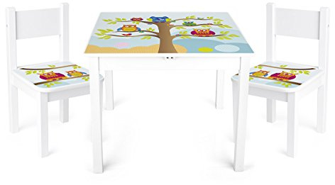 Leomark barnbord trä med 2 stolar 60 x 60 x 49(H) cm, modernt set för barn, möbler perfekt för hem och dagis, barnstolar, bord i stol set, barnmöbler med UV-utskrif Ugglor Yeti