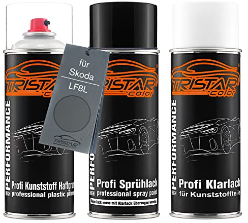 TRISTARcolor Autolack Spray Kunststoff für Skoda LF8L Steel Grey Metallic | Sprühdosen-Set für Stoßstange/Plastik, Kunststoff-Haftgrund + Basislack + Klarlack