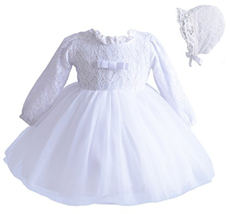 Cinda Bambino Lungo Manica Pizzo Battesimo Festa Vestito e Cofano Bianco 3-6 Mesi