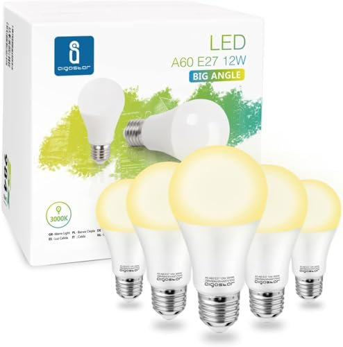 Aigostar Led Leuchtmittel E27 Warmweiß 12W(ersetzt 81W), Glühlampen Birne Lampe Licht 3000K 1170 Lumen, Groß Abstrahlwinkel 280°, Multipack mit 5 Lampen