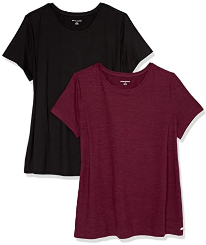 Amazon Essentials Damen Schnelltrocknendes Kurzärmliges Sport-T-Shirt aus Tech Stretch mit Rundhalsausschnitt, 2er-Pack, Burgunderrot Space-dye/Schwarz, M
