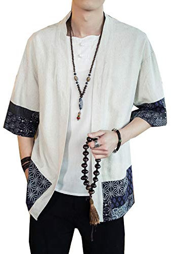 Siehin Herren Japan Happi Kimono Haori Jacke Übergangsjacke Baumwolle Leinen Mäntel (M (Label:XL), Weiß)
