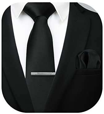 HISDERN Cravate Homme Sergé Mariage Fete et Pinces à Noire cravate & Carre de poche Set