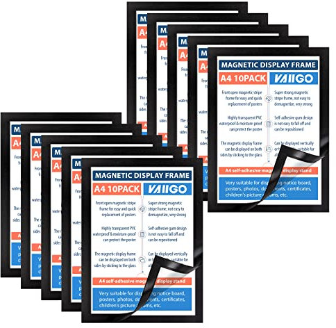 VAIIGO 10 Stück Magnetrahmen Info-Rahmen Selbstklebend mit Magnetverschluss für Informationsrahmen DIN A4 Format,Schwarz