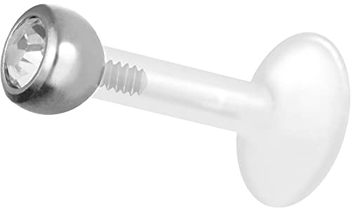 PIERCINGLINE PTFE Labret mit Gewinde TITAN AUFSATZ KRISTALL 3 mm Piercing Lippe Nase Ohr Silberfarben 1,2 x 9 mm