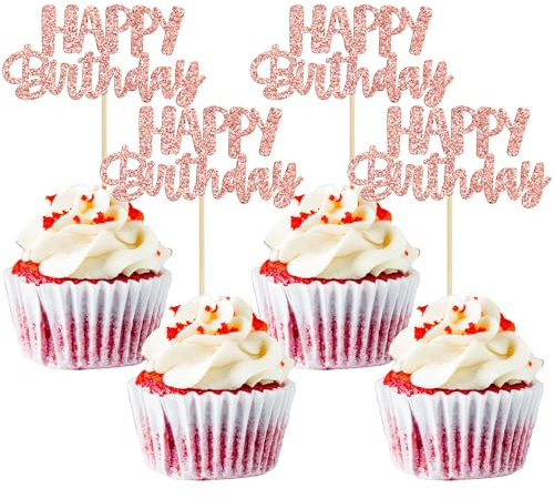 Gyufise 24 Stück rotgoldene Glitzer-Geburtstagskuchenspieße – 24 Stück Cupcake-Topper für Geburtstage, Babypartys und Jubiläumsfeiern