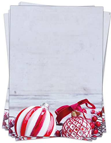 Weihnachtspapier A4 | Weihnachtsbriefpapier beidseitig bedruckt, 50 Blatt | Premium Briefpapier Weihnachten Weihnachtskugeln | weihnachtliches Motivpapier Schreibpapier Druckerpapier 90 g/qm