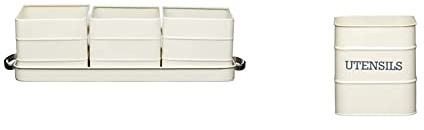 KitchenCraft Living Nostalgie Indoor Metallkräutertöpfe und Tablettset & KitchenCraft Living Nostalgia Metall Küchengerätehalter, Küchenvorratsbehälter Gefäß für Holzlöffel, 15 x 16 cm – Antique Cream
