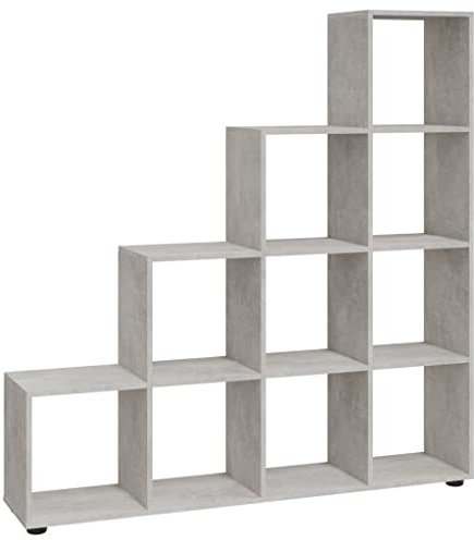 vidaXL Treppenregal, Bücherregal mit 10 Fächern, Raumtrenner Regal für Büro Wohnzimmer, Stufenregal Raumteiler, Modern, Betongrau Holzwerkstoff