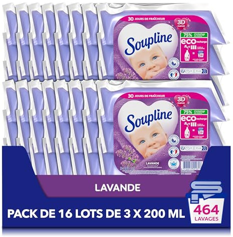 SOUPLINE - Adoucissant Concentré Soupline 3D Lavande - Eco-Recharges - Formule Active à Froid - 92 % d'Ingrédients d'Origine Naturelle - 16 Lot de 3 x 200 ml