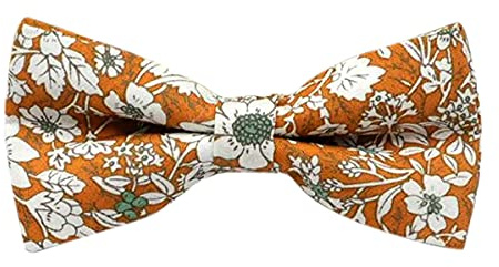 Nœud papillon élastique en coton de luxe pour enfants garçons, Orange Floral, Length 10cm, width 5cm.