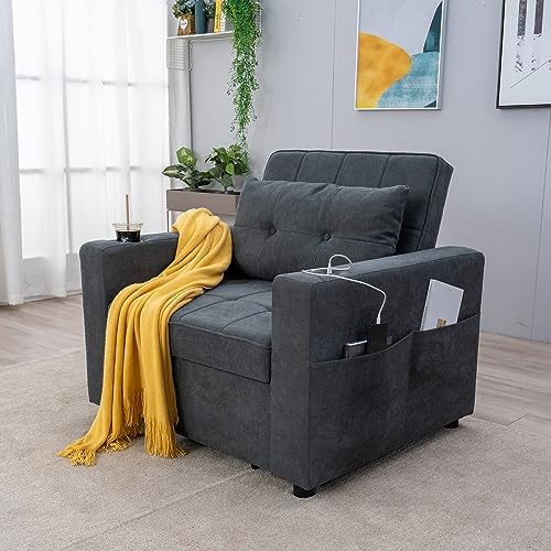 Panana Sofa Bed Single Chair Armchair Day Bed Sleeper with Built-in USB Ports and Cup Holder Chair Chaise Pull Out, Gray Linen Fabric