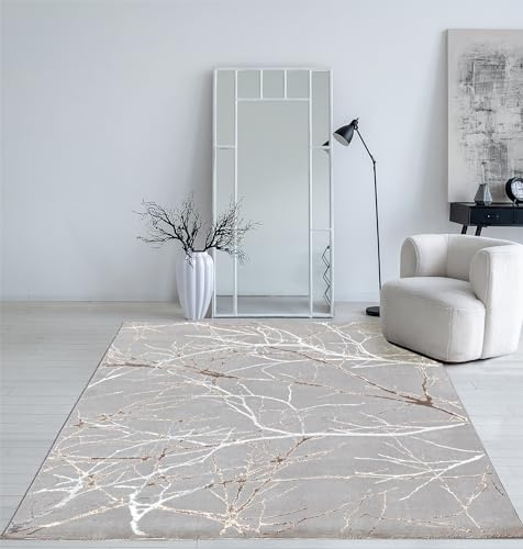 Mia's Teppiche Cielo Moderner Dichter Kurzflor Teppich, Wohnzimmer, Schlafzimmer, Eleganter Glanz, Glanzfaser, Hoch-Tief Effekt, Feder, Grau, 80 x 150 cm