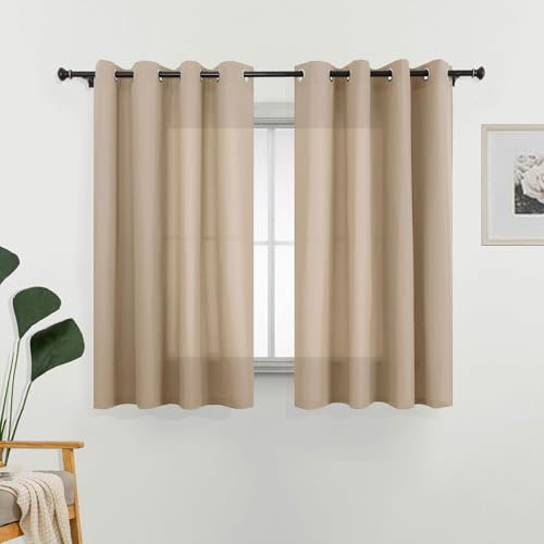 L.Z.E Gardinen Vorhänge Sand Beige, Sichtschutz 70% Lichtdurchlässig Gardine Vorhang für Schlafzimmer Wohnzimmer Privatsphäre, Dünne Baumwolloptik Stores mit Ösen, 145 cm Kurz, Sichtschutz Einfarbig