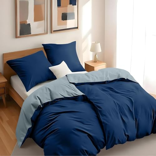 Dreamzie - 2 Housse de Couette 135x200 cm avec 2 Taie Oreillers 80x80 cm - Bleu Foncé/Bleu Gris - Parure de Lit 135x200 en 100% Microfibre - 4 Pièces - Certifié sans Produits Chimiques (Oeko TEX)