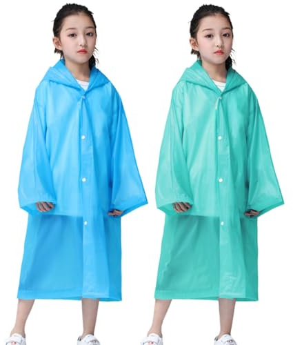 RUISHYY Kids Rain Poncho, Reusable EVA Children Raincoat for 6-13 Girls Boys, Waterproof Rain Jackets Rainwear with Hood (Blue+Green)