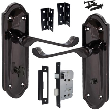 Ashford Handle Latch Lock Bathroom Door Handles Black Nickel, Pair of 3 Hinges & Latches / Lock Pack Sets 168mm x 47mm Backplate, Vic Scroll Lever Interior Wooden Doors (Bathroom Pack)