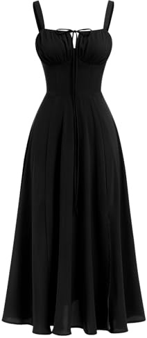 IBTOM CASTLE Women's Floral Corset Dress Square Neck Spaghetti Strap Summer Boho Sundress Casual Flowy Slit Bustier Dresses X-Black XL