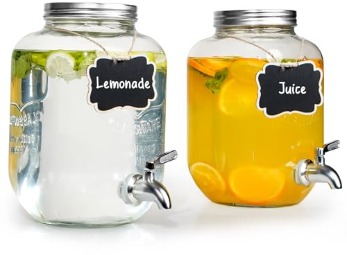 2 Pack Glass Drink Dispenser with Stainless Steel Tap, 4L Drink Dispensers for Parties, Glass Beverage Dispenser with Stainless Steel Faucet and Lid for Cocktails, Juice, Water, Beverages