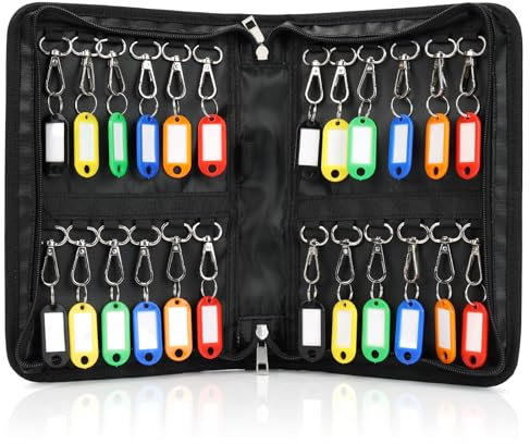 AstraLoom Schlüsselschrank Schlüsselkasten für 24 Haken & Anhänger, Schlüsseltasche & Schlüsseletui mit Reißverschluss, Tragbares, für Schule, Büro, Immobilienagentur, Hotel – Schwarz Matt