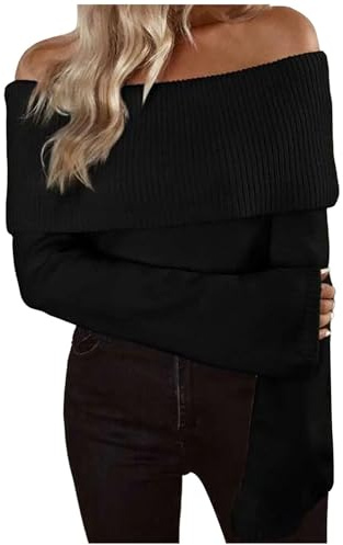 Pullover Damen Schulterfrei Slim Fit Langarmshirt Oberteil Elegant Sexy Einfarbig Pulli Casual Strickpullover Oberteile Tops Schwarz XL