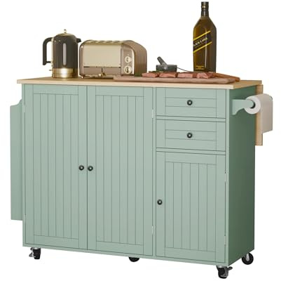 HOLTICO Kitchen Island on Wheels, Kitchen Trolley Storage Islands & Carts with Extendable Rubberwood Worktop, Green Rolling Kitchen Island Breakfast Bar with Drawers and Spice Rack