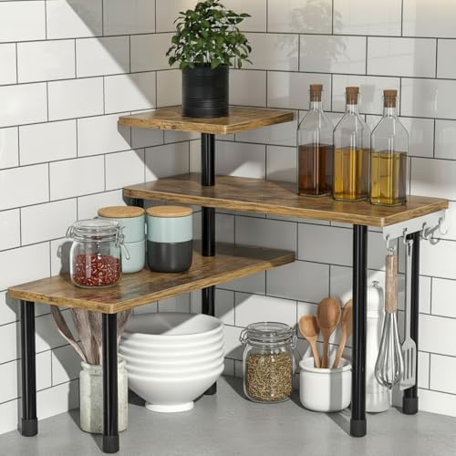 SOONHUA Mensola Scaffale Angolare per Cucina, 3 ripiani, con 4 ganci laterali, orientamento regolabile, salvaspazio, ripiano da cucina, piano di lavoro per cucina e zona caffè