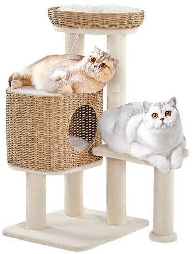 Yaheetech 91cm Rattan Cat Tree with Wicker Bed & Scratching Post, Beige | Modern Cat Tower, for Indoor Large Cats, Washable Cushion, E1-compliant Particle Boards, Soft Plush