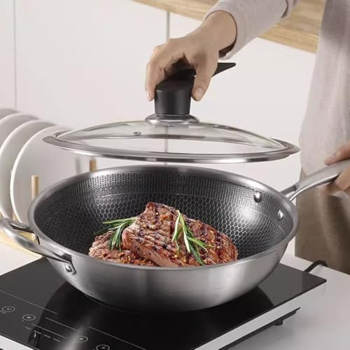 Wok avec couvercle en verre, acier triple couche résistant aux rayures, avec motif nid d'abeille et non revêtement, pour plaque à induction, pour cuisine (34 cm)