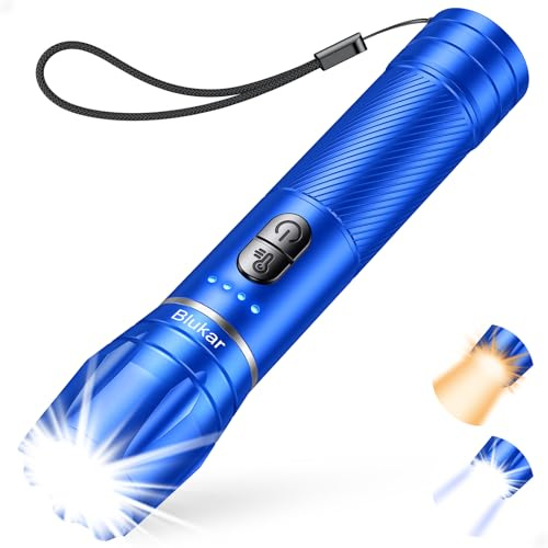 Blukar Lampe Torche LED 2 Couleurs, 2000LM Lampe de Poche Rechargeable LED Ultra Puissante en Aluminium, 10 Modes & IPX6 Étanche, Zoomable, Longue Durée pour Camping/Randonnée/Urgence,Bleu