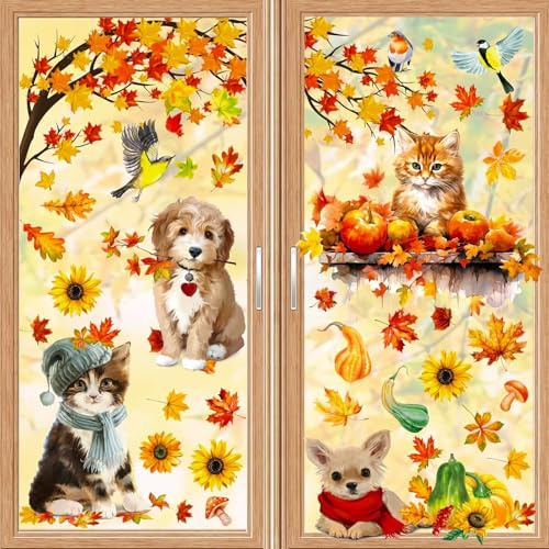93 Stück Fensterbilder Herbst Selbstklebend 9 Blatt, Thanksgiving Herbstdeko Fenster, Fall Decor Ahornblätter Kürbis Kleiner Igel Fensterdeko Herbst für Kinderzimmer Cafe