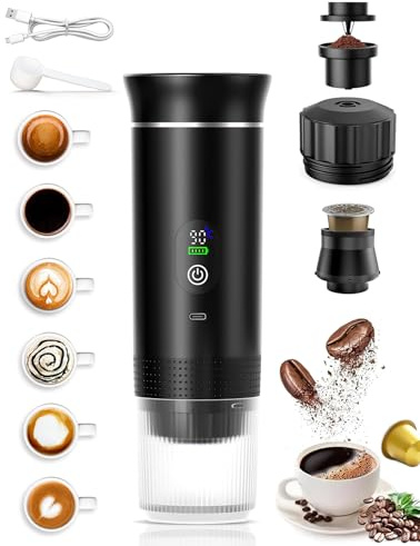 Bärbar Kaffemaskin, Elektrisk Espressomaskin med Självuppvärmning, 2-i-1 Kapselkaffemaskin Kompatibel med Malet Kaffe och Kaffekapslar för Camping, Vandring och Resor