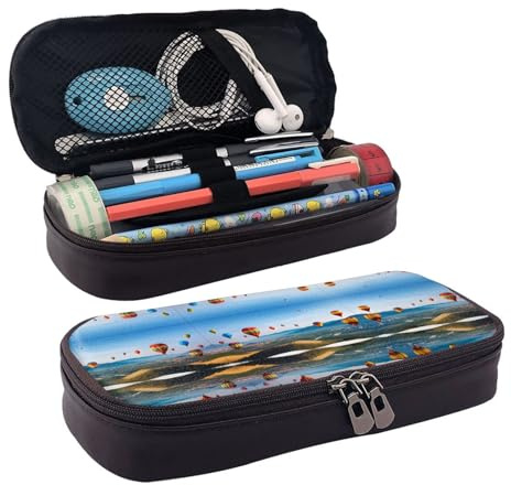 Hot Air Balloons Print Premium Leather Flip Pencil Case – Stylish Brown Leather Pencil Bag with Zipper Closure, Multi-Purpose for School, Office, Travel & Cosmetics