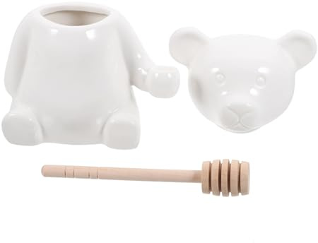 GLEAVI Ceramic Honey Pot Wooden Dipper Bear Shape Kitchen Storage Jar Food Storage Container Sealed Honey Jar Suitable for Jam