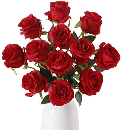Wenhuidr 12pcs Red Roses Artificial Flowers – Realistic Silk Velvet Fake Flowers with Long Stems for Wedding Bouquets, Home Decoration, Party Centrepieces & DIY Floral Arrangements