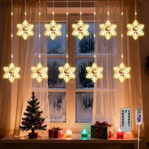 Woukksy Cortina di Luci LED 3M, Decorazione Natalizia con Timer e 8 Modalità, Alimentazione USB/Batteria per Interni ed Esterni, Bianco Caldo - Decorazione per Finestre, Balcone, Feste, Natale