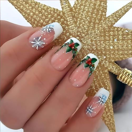 Christmas French Tip,False Nails Short Square Press On Nails,Christmas Fake Nails With Snow & Holly Design,Lasting False Stick on NailFrench Tip Christmas Stick On Nails Nails Art for Women