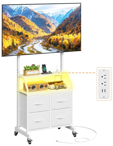 OYRREU LED Light TV Stand on Wheels with Mount and Power Outlets, Rolling TV Stand Adjustable Height & 4 Drawer Storage, White