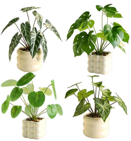 Lonwiner 4er-Set Kunstpflanze im Topf, 25cm Künstliche Pflanzen Klein Künstliche Pflanzen wie Echt Deko Für Wohnzimmer,Schlafzimmer, Badezimmer (Beigefarbenes Waschbecken)