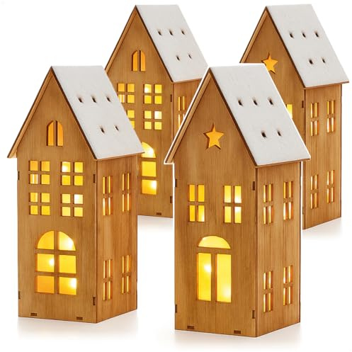 com-four® 4x casette luminose in legno con LED e timer 6h/18h, decorazione natalizia per tavolo o davanzale, decoro invernale in legno [scelta variabile] (4x casa di legno)