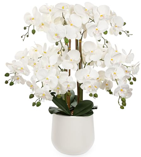 Oairse Fiori artificiali extra large di orchidea bianca in vaso di resina color crema, 74,9 cm, composizione realistica di orchidea in seta, pianta finta Phalaenopsis per elegante decorazione da