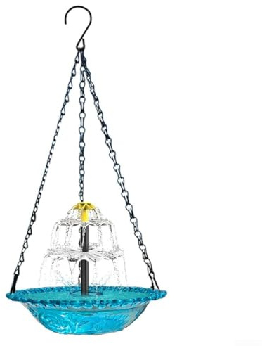 Solar Springbrunnen Vogeltränke für den Außenbereich mit Metallketten zum Aufhängen, ABS-Konstruktion für Gartendekoration, lädt Vögel zum Baden und Singen ein (Blau)