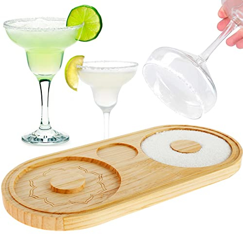 Margarita Salt Rimmer, Wood Salt Tajin Glass Rimmer with Triple Plate, Reusable Bar Glass Rimmers for Margaritas Spicy Margarita Salts Cocktail Rimmers Box for Home Bar Restaurant Resort Hotel