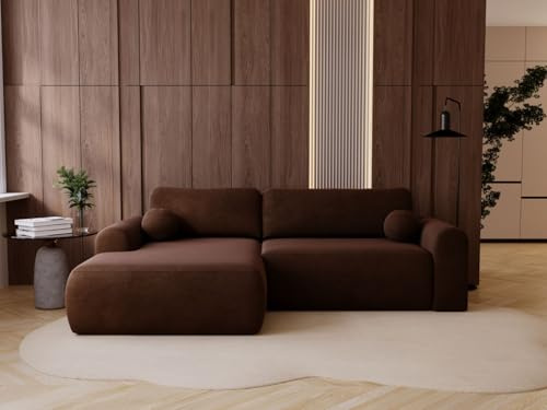 GRAINGOLD Savana L 257x177 cm, L-Form Sofa, Schlafcouch für Wohnzimmer, Velours-Stoff, 3-Sitzer Eckcouch, Ecksofa mit Bettkasten (Braun, Links)