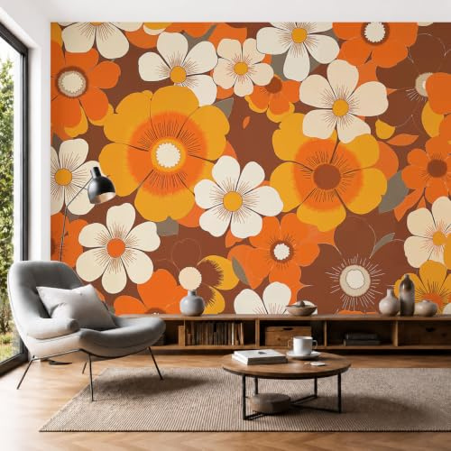 SMBHIAON Papier Peint Panoramique 3D Fleur Orange Et Blanche À Cinq Pétales 200×140 Cm, Revêtement Décoration Murale Salon Fleurs Rétro-Chic,Décoration Xxl Murale Non Tissé Chambre Tv Mur